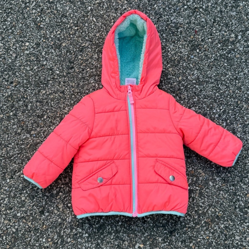 Carters Baby Girls Neon Coral Pink Puffer Jacket Mint Green Fleece Lined 12M